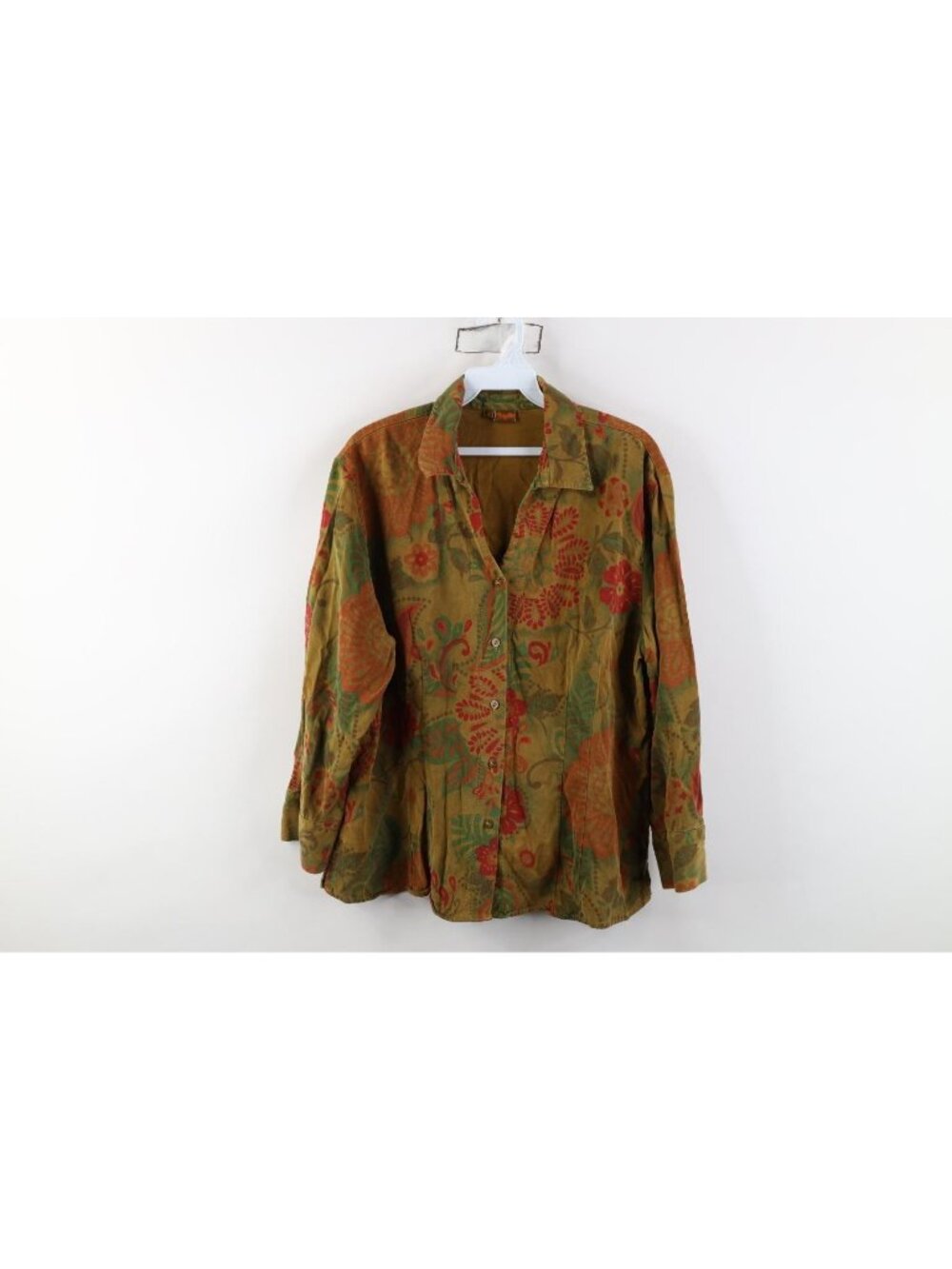 Vtg 90s Streetwear Womens Large Rayon Gabardine Flower Safari Button Shirt USA